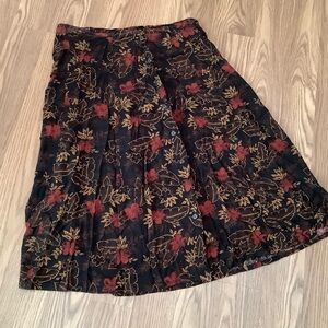 Sag Harbor  Button Front  Rayon XL Midi Skirt. Floral Leaves Gold Tones Dark Red